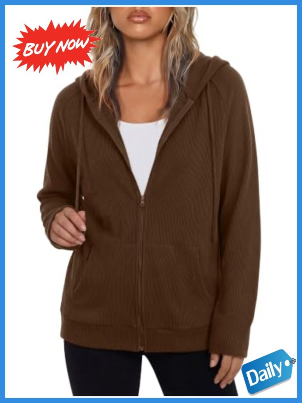 Waffle Knit Zip Up Hoodie Long Sleeve Lightweight Sweatshirt